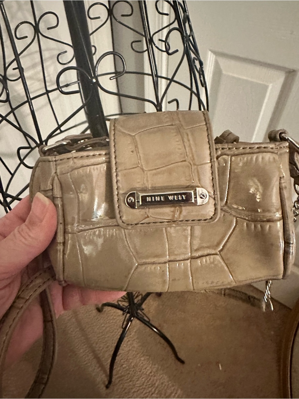 Nine West mini handbag glossy, tan patent leather with crocodile skin pattern